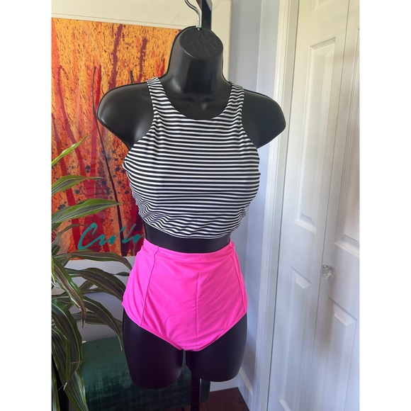 Vintage-Inspired Striped & Neon Pink High-Waisted Bikini Set – Size Large - Picture 1 of 5